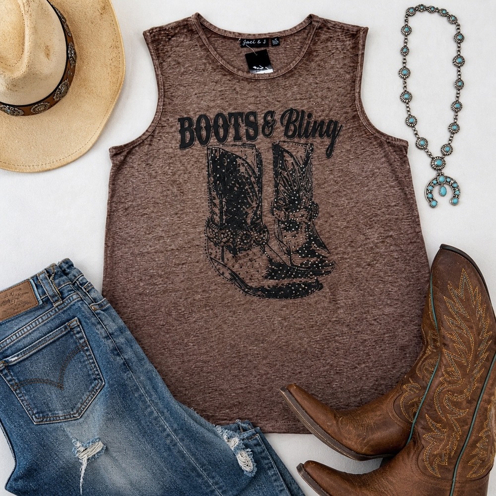 Joei & I Western Tank Top Women Small Brown Boots & Bling Rhinestone Muscle Tee